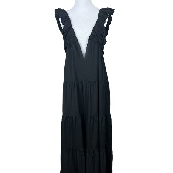 Jason Wu Maxi Dress‎ Womens Large Black Tiered Linen Blend Pleated A-Line L FLAW - Picture 1 of 16